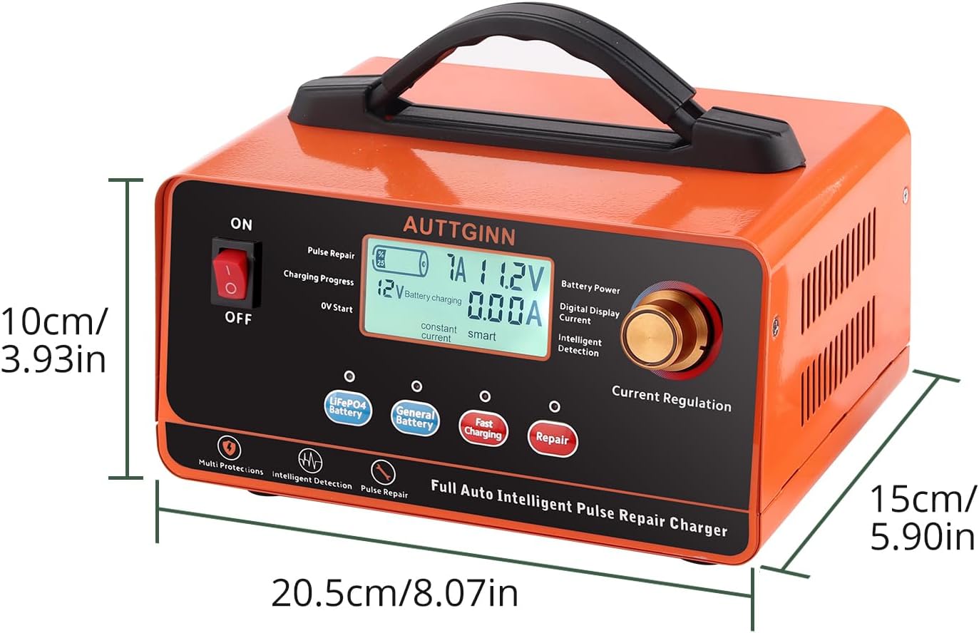 AUTTGINN 12V 24V Adjustable Battery Charger Maintainer, 0-20A Adjustable Car Battery Trickle Charger with Battery Desulfator for Lead-Acid LiFePO4 Lithium Batteries, AGM Gel Deep Cycle
