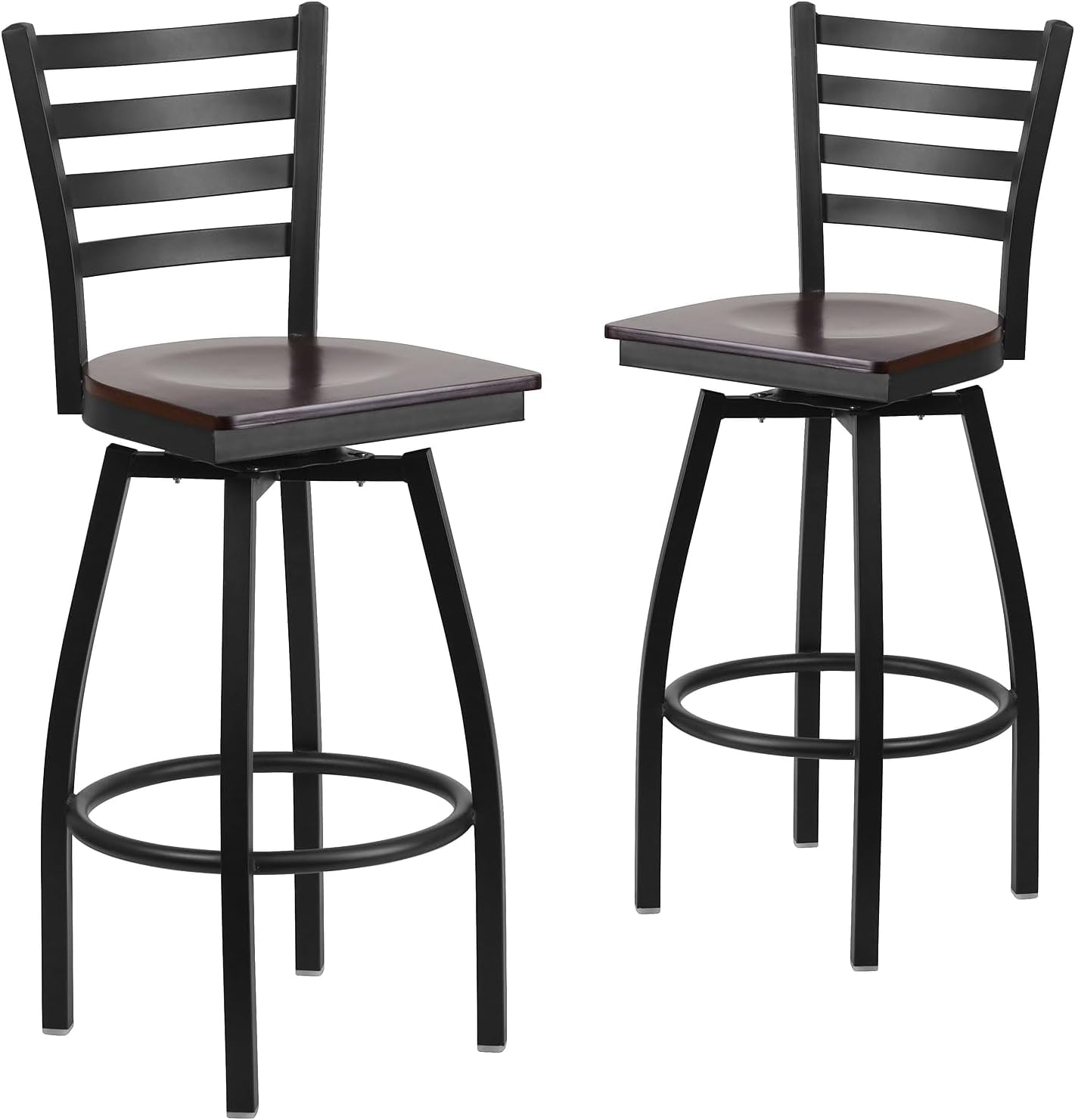 Flash Furniture HERCULES Series Black Ladder Back Swivel Metal Barstool - Walnut Wood Seat