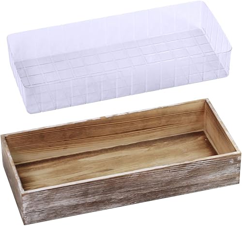 1 maceta decorativa rectangular de madera color blanco deslavado, caja de madera rústica con caja de plástico interior, 17.3 pulgadas de longitud x