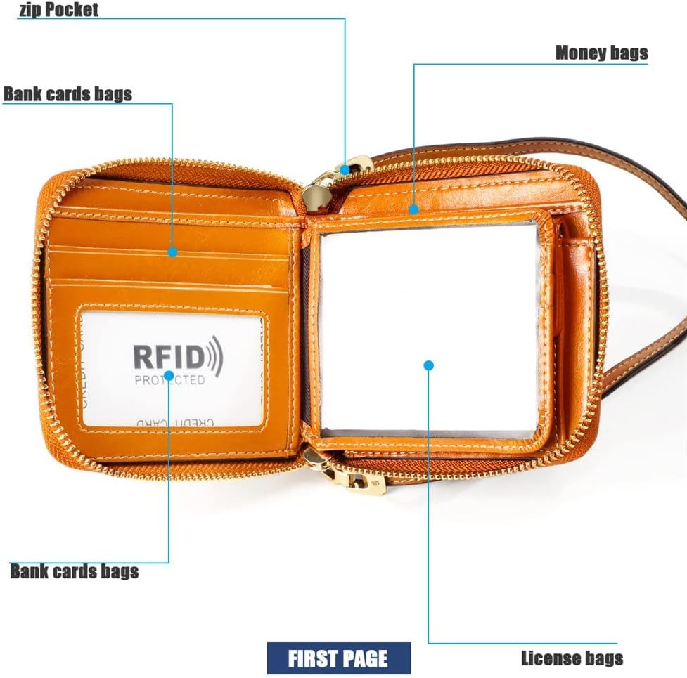 Women's RFID Blocking Genuine Leather Zip Around Wallet with Wristlet Credit Card Holder Clutch Purse (Black)