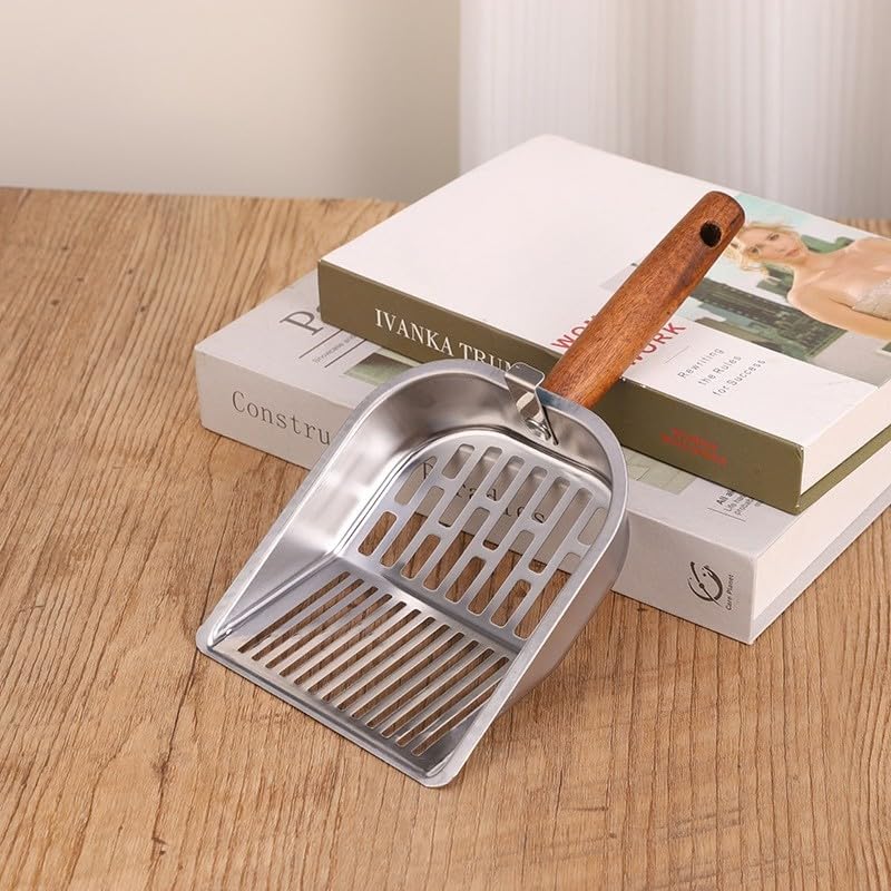 Pala de arena para gatos, acero inoxidable, pala profunda, mango largo de madera, grueso, agujero fino (estilo 1)