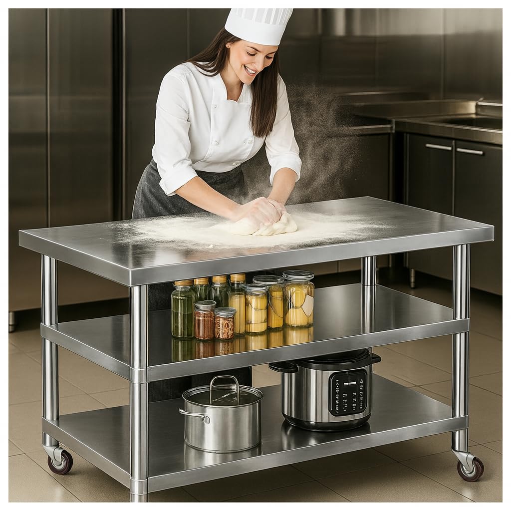 Stainless Steel Table with Wheels for Food Preparation and Work, Multi-Size Optional, Three-Layer Variable Two-Layer Metal Commercial Workbench Outdoor, Restaurant, Kitchen (48" Lx32 Wx34 H)
