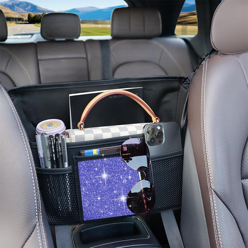Donpeshe Blue Diamond Car Handbag Holder Between Seats Bling Rhinestone Car Storage Bag Large Capacity Purse Phone Tablet Automotive Consoles Organizer Safe Barrier of Backseat Pet Kids…