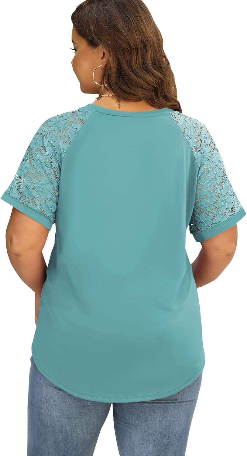 DOLNINE Plus-Size-Tops for Women Summer V Neck Casual Shirts Lace Short Sleeve Tees - Image 2