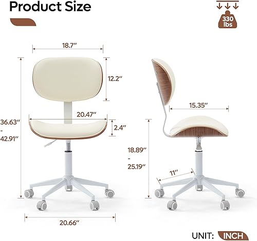 Miniatura 2 de Bestier Silla de oficina en casa con soporte de respaldo de madera curvada, silla de escritorio sin brazos con giro de 360, silla de computadora de