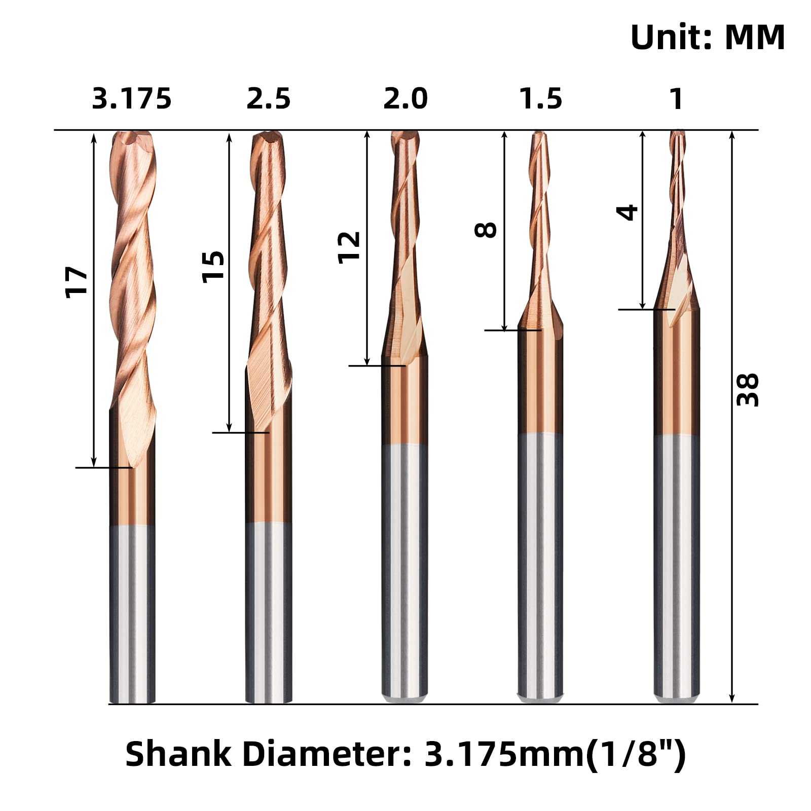 10pcs TiCN Coated Flat Nose CNC Router Bits, 1/8