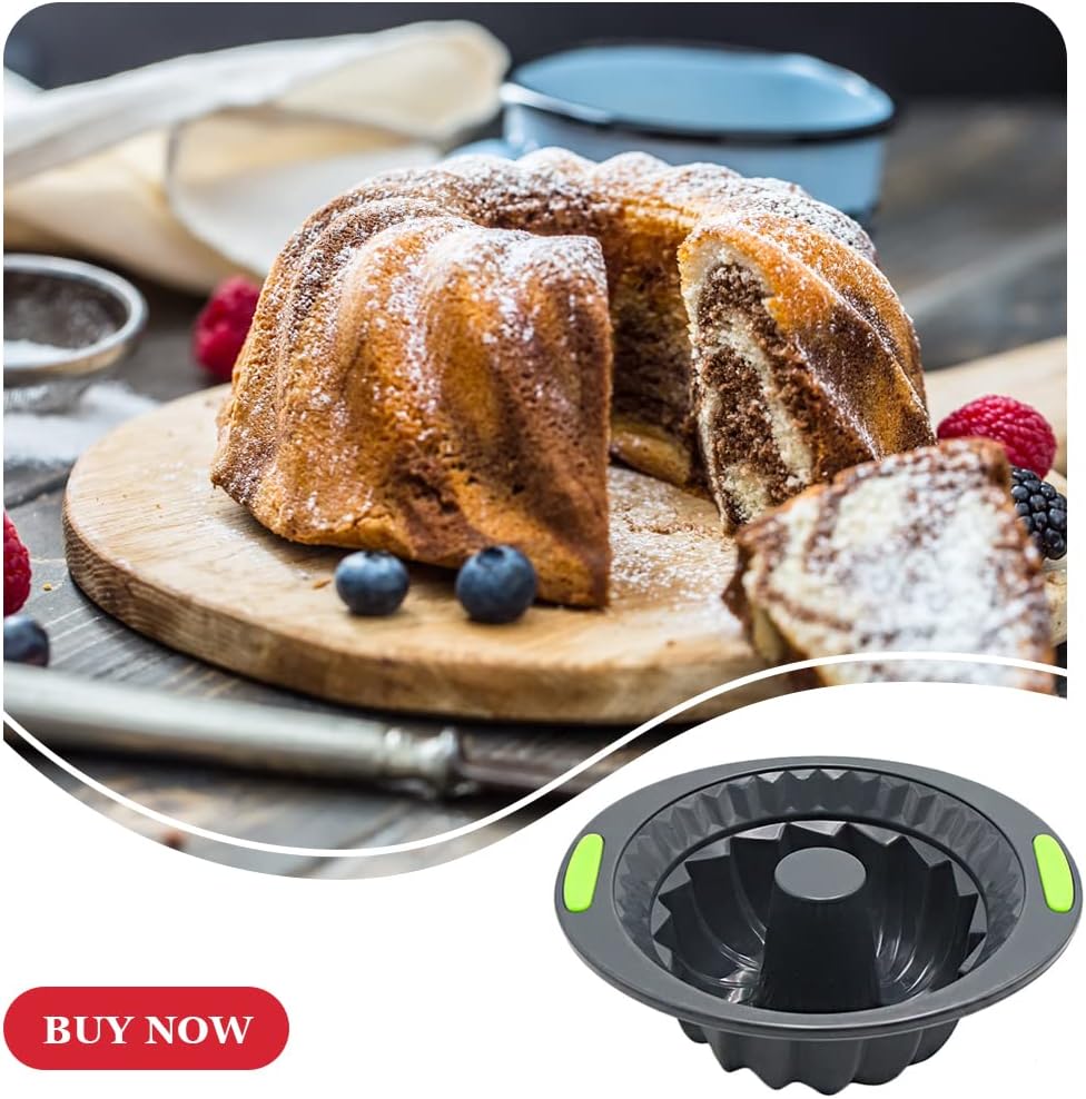 Silicone Pound Cake Pan 11inch, Premium Fluted Cake Pans for baking, Non-Stick Cake Pans, Heavy Duty Carbon Steel Tube Pan Baking Mold with Silicone Handle Grey