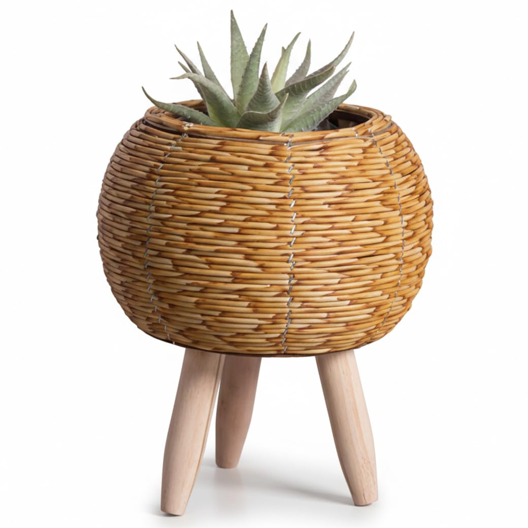 Latemeia Wicker Plant Stand, Rattan Style Boho Plant Stand with Wooden Legs for Indoor Plants, Light Brown Basket Plants Holder for Home Office Cafe Decor, Ornaments extérieurs