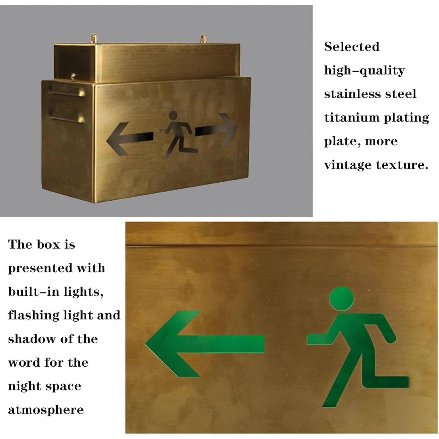 Señal de salida LED de metal con flecha de dirección, luces de salida de emergencia, estilo industrial, caja de luz de acero inoxidable para oficina, almacén, seguridad escolar