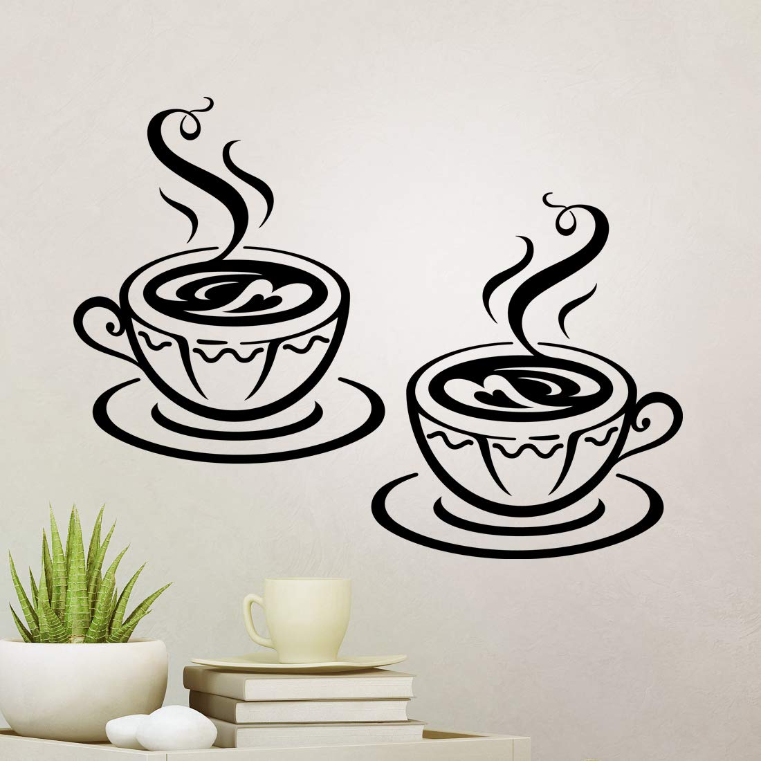Wall4stickers Black 2 Cups Wall Sticker Kitchen Wall Art Decor Vinyl Decal Tile Decoration Coffee Poster Home Office Removable Quote Transfer Stencils Accessories Wallstickers Diy Sweet Print Saying Heart Window Graphics