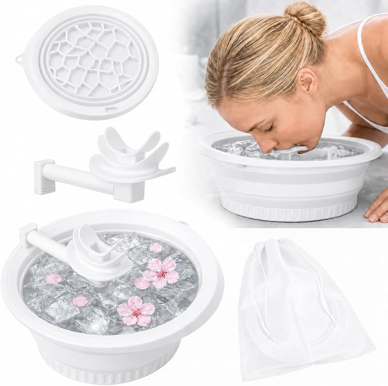 Vespara Tigela Facial Dobrável de Silicone para Gelo com Tubo Respiratório e Prendedor Nasal, Branca