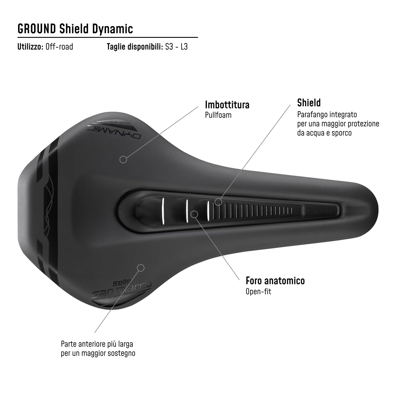 Selle San Marco GROUND Shield Dynamic – Sella MTB/Off-Road con Protezione Fango, Foro Centrale Open Fit, Telaio in Acciaio Manganese