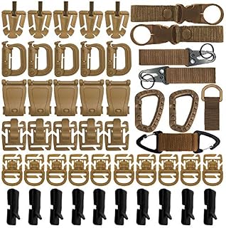 48PCS Tactical Gear Clip Set Molle Webbing Attachments for Tactical Backpack Bag Vest Belt - Nylon Key Ring Holder, D-Ring Locking Hanging Hook Water Bottle Tube Clip Web Dominator (Khaki)
