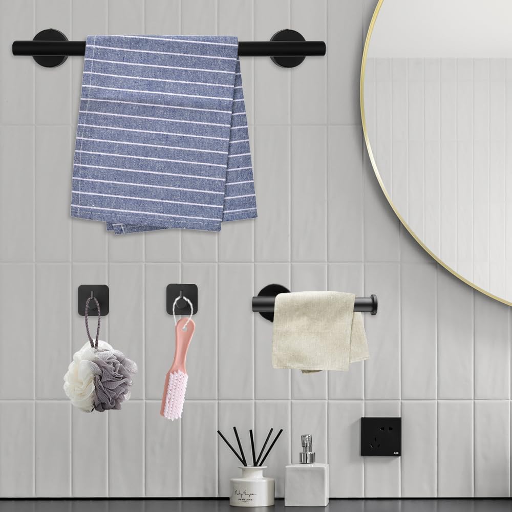 Toallero de Baño, Accesorios baño,Que Incluye 1 toallero, 1 portarrollos y 3 Ganchos. El Conjunto Completo Ofrece soluciones prácticas para el baño (Negro)