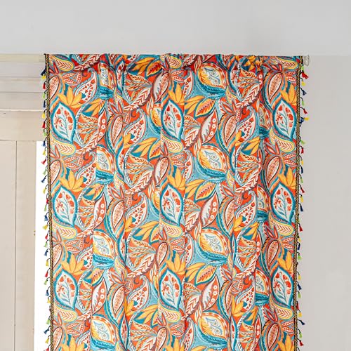 Image of Boho Paisley Curtains 84 Inches Long, Orange Blue Light Filtering Rod Pocket Drapes with Tassel Trim for Bedroom Living Room, 2 Panels