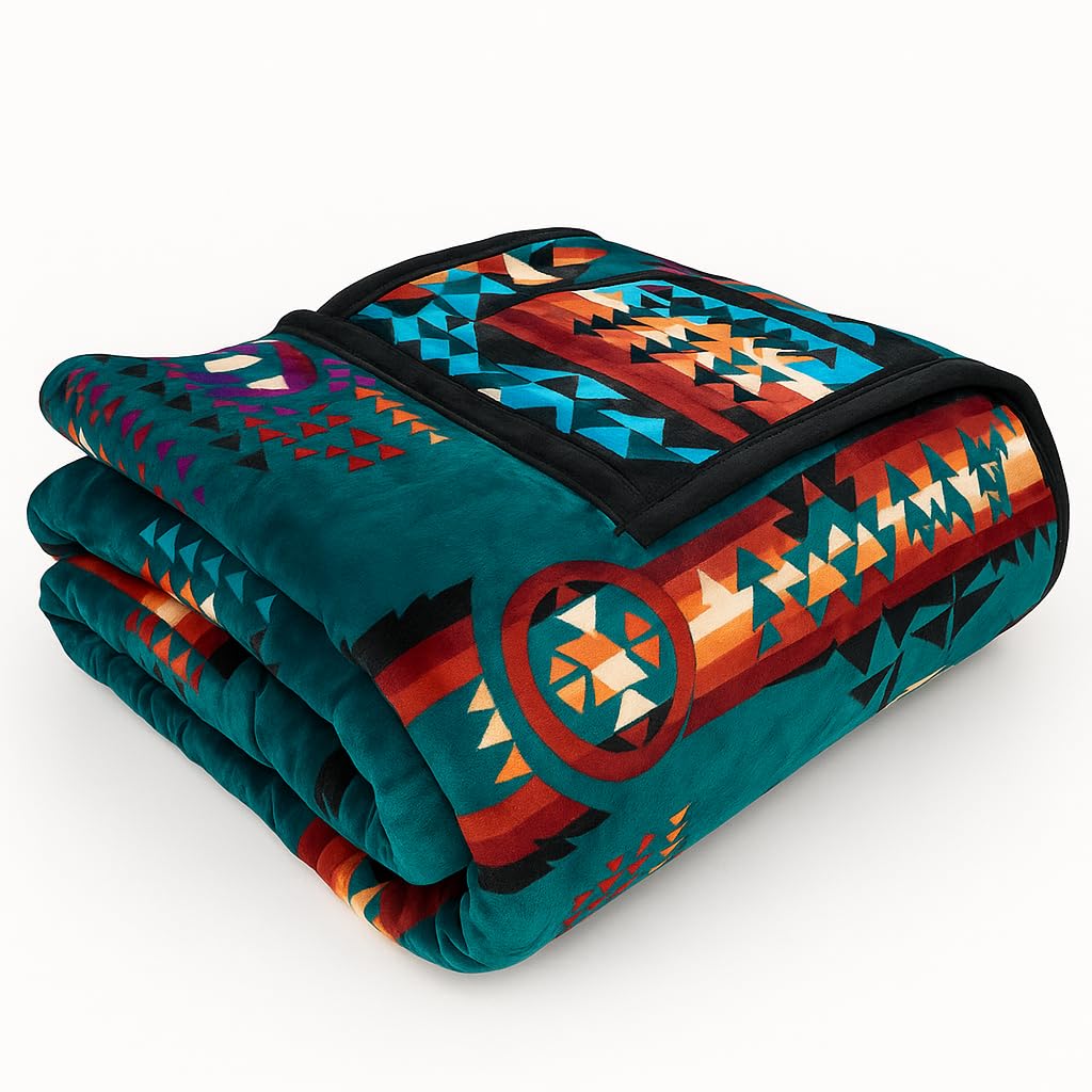 Sacred Thread Aztec Blanket Fleece, Reversible Native American Blanket, Western Throw, Native American Western (Lake Flannel), Queen (79”x95”)