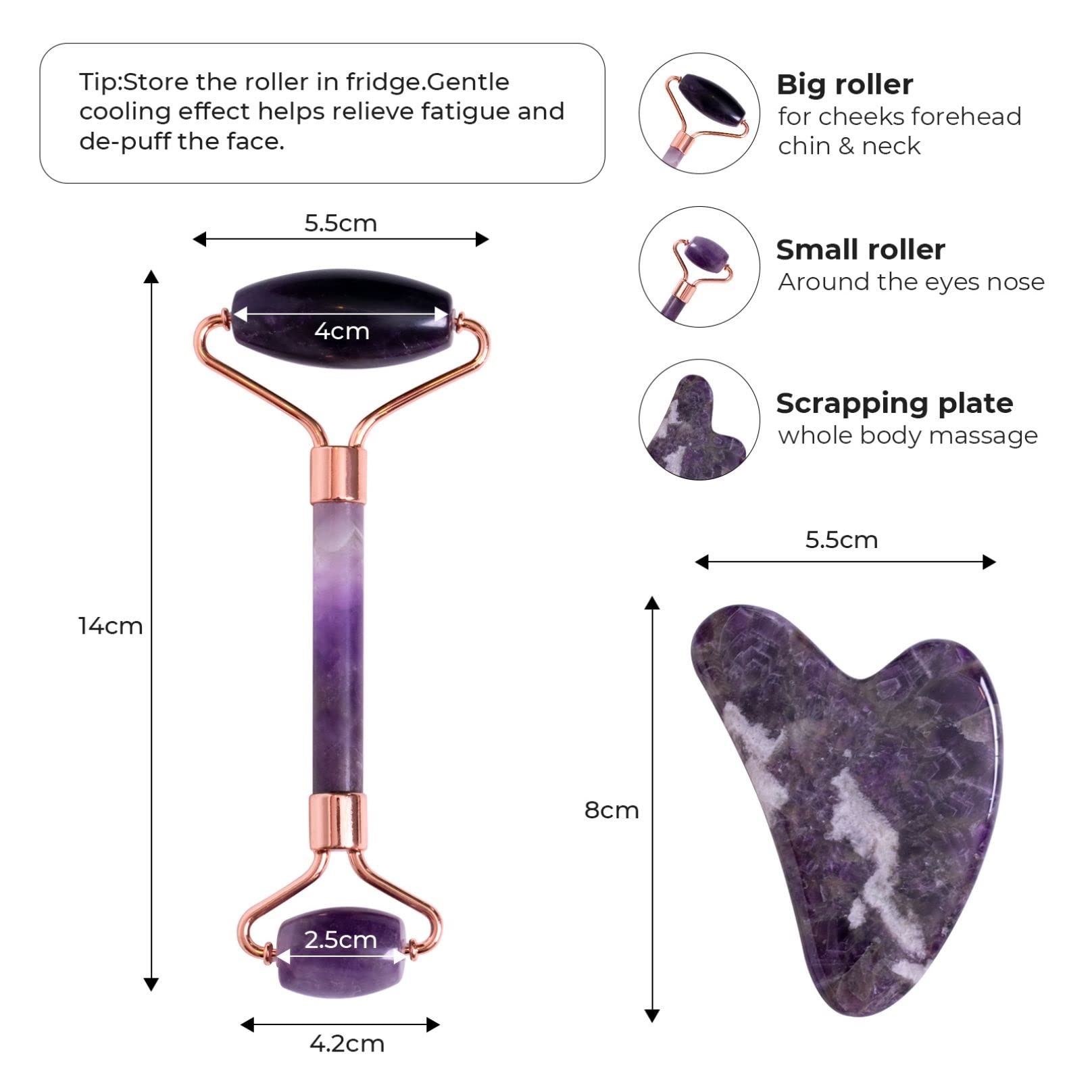 Máscara de Cuarzo Rosa Facial Amatista con Flor Jade Roller Gua Sha Set para SPA Herramienta Cuidado la Piel Terapia Frío Belleza Aliviar Hinchazón Los Ojos (Color : Purple, Size : 3 PCS)