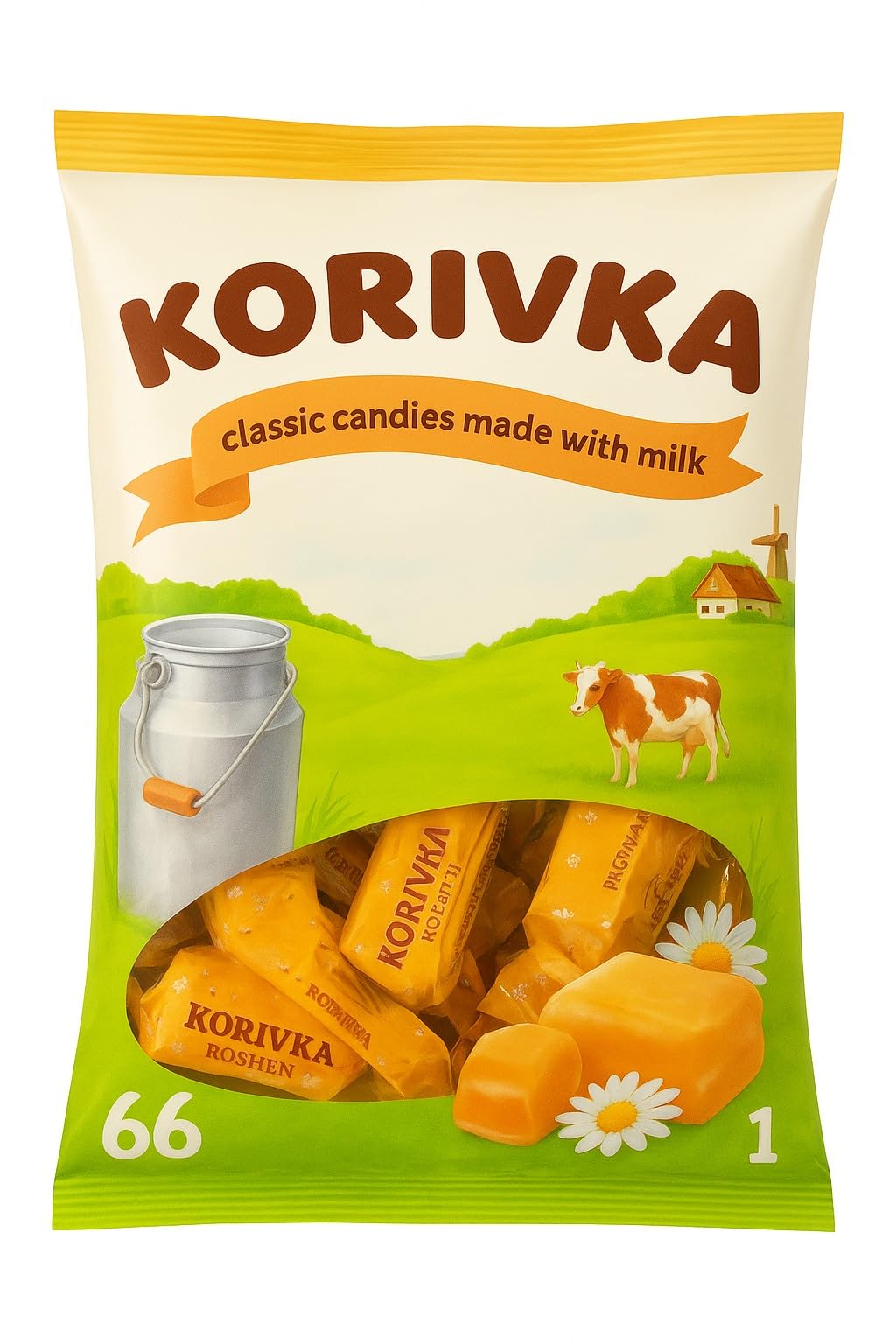 Korivka Milk Fudge Candy, 2.2 Lb (1kg), Approx. 68 Pieces, Ukrainian Non-Glazed Dairy Fudge with Sugary Crust & Creamy Liquid Filling, Individually Wrapped
