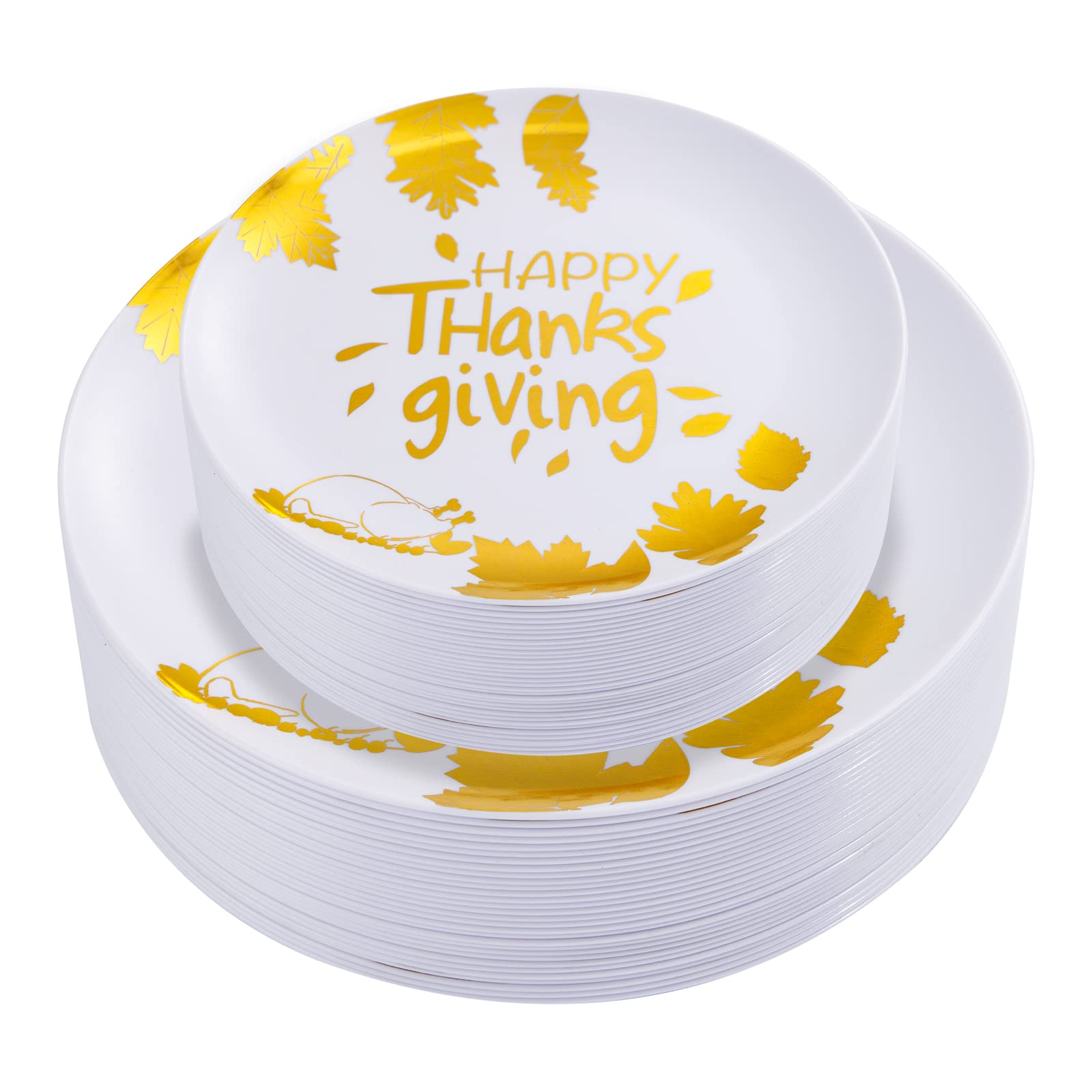 I00000 60 PCS Thanksgiving Plates, White and Gold Plastic Plates With Turkey and Leaves Design, Heavy Duty Gold Disposable Plates Include: 30 Dinner Plates 10.25", 30 Dessert Plates 7.5" for Party