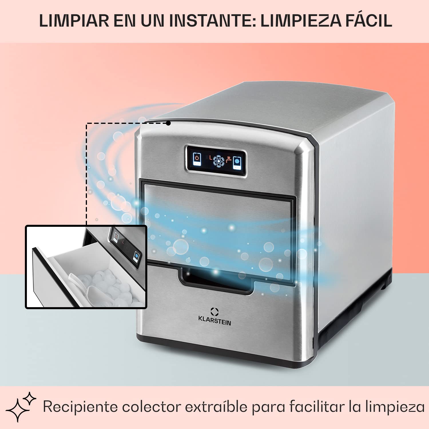Klarstein Maquina de Hielo para Casa 2,1L, Ice Maker Encimera 12 kg, Maquina para Hacer Cubitos de Hielo 3 Tamaños, Doméstica para Casa con Panel Táctil, Aparato Cocina Fácil de Limpiar y Rápido