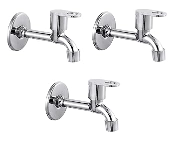 PEFKO Oreo Brass Disk Stainless Steal Long Body Bib Cock Bathroom Taps for Home and Office Combo, Silver & Chrome Finish (with Wall Flange & Teflon Tape) (Pack of - 3)