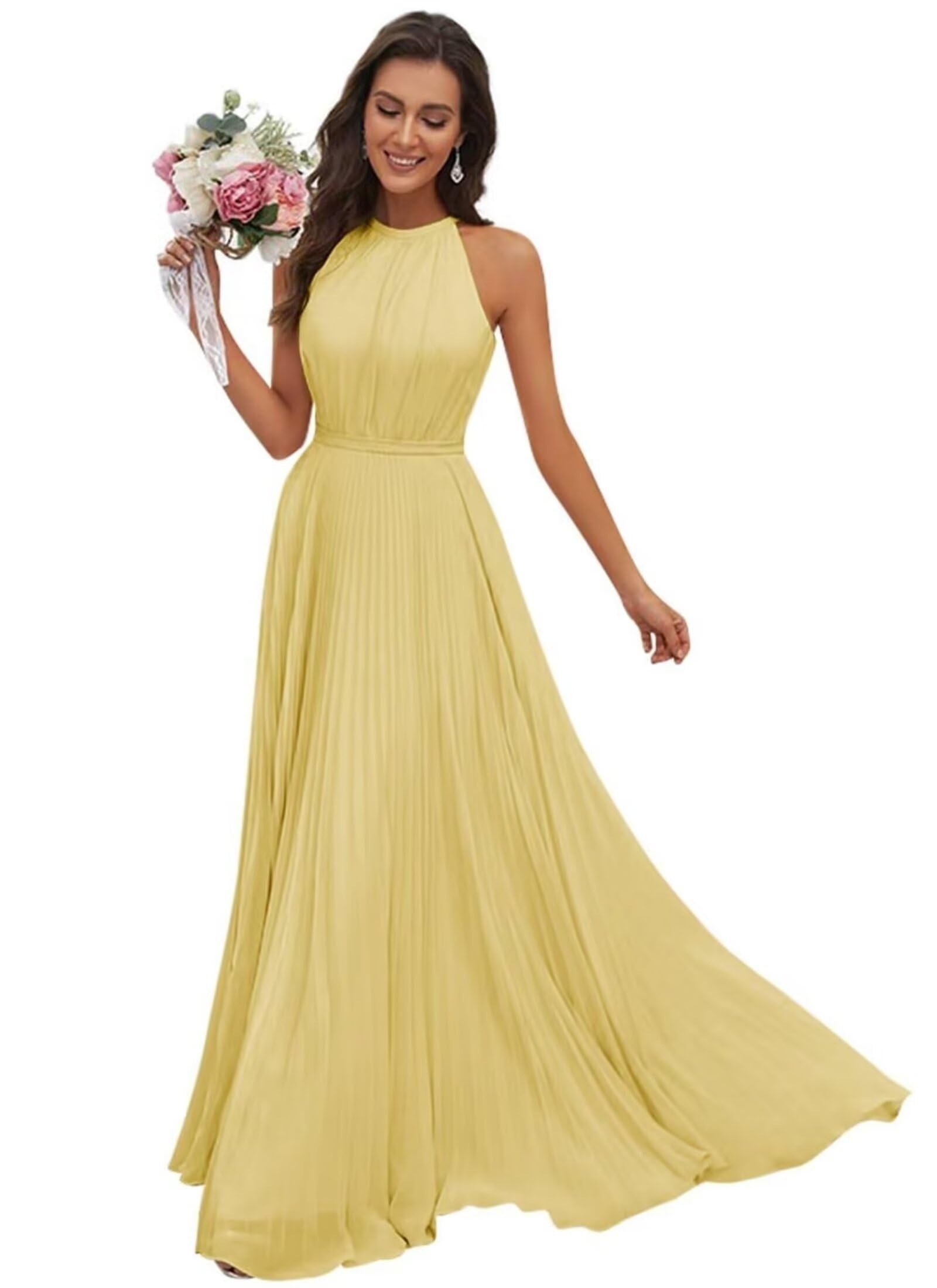JAEDEN Abendkleid Damen Lang Elegant für Hochzeit Neckholder Brautjungfernkleider Chiffon Festliches Party Kleid Gelb 38