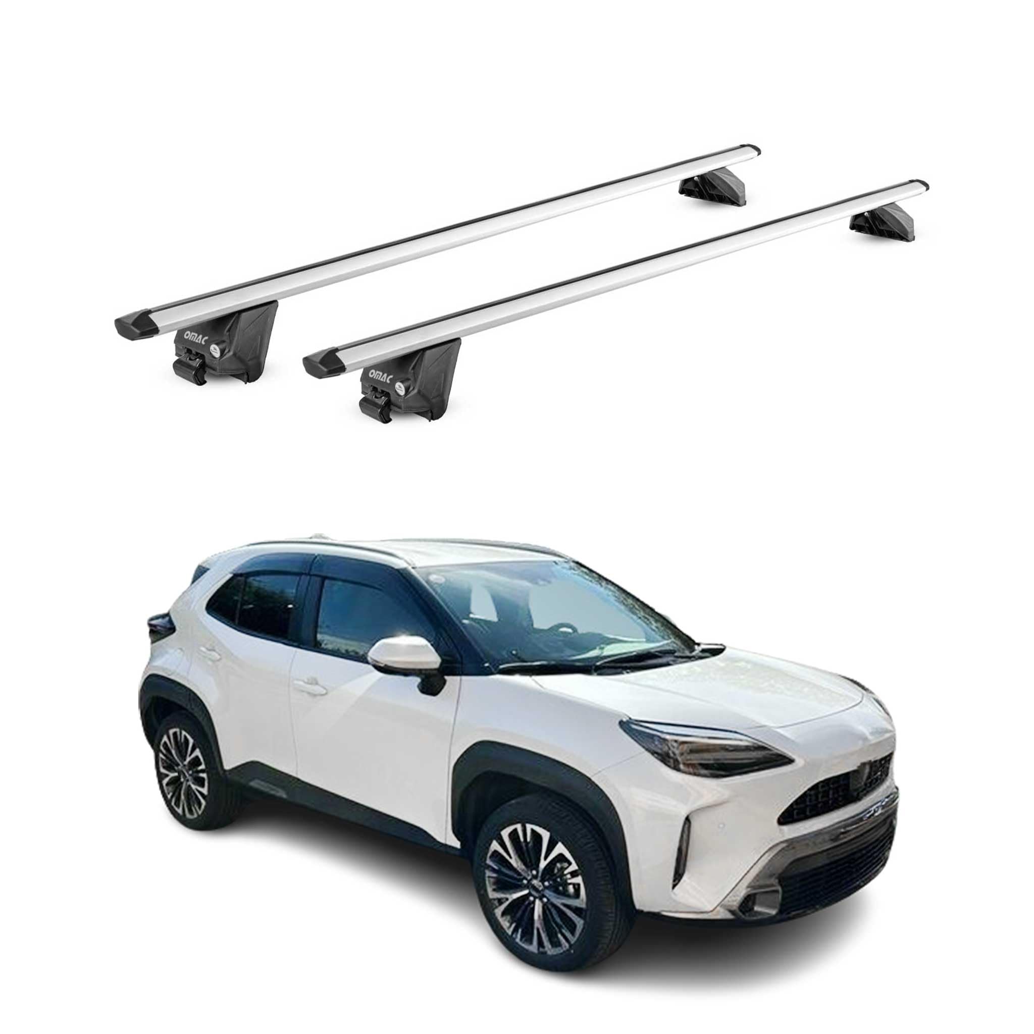 OMAC Barre Portatutto Alluminio TÜV geprüft per Toyota Yaris Cross XP210 2021-2026 – per Rail Tetto Integrati – T Nut – Max 100 kg – 2 Schlösser Argento