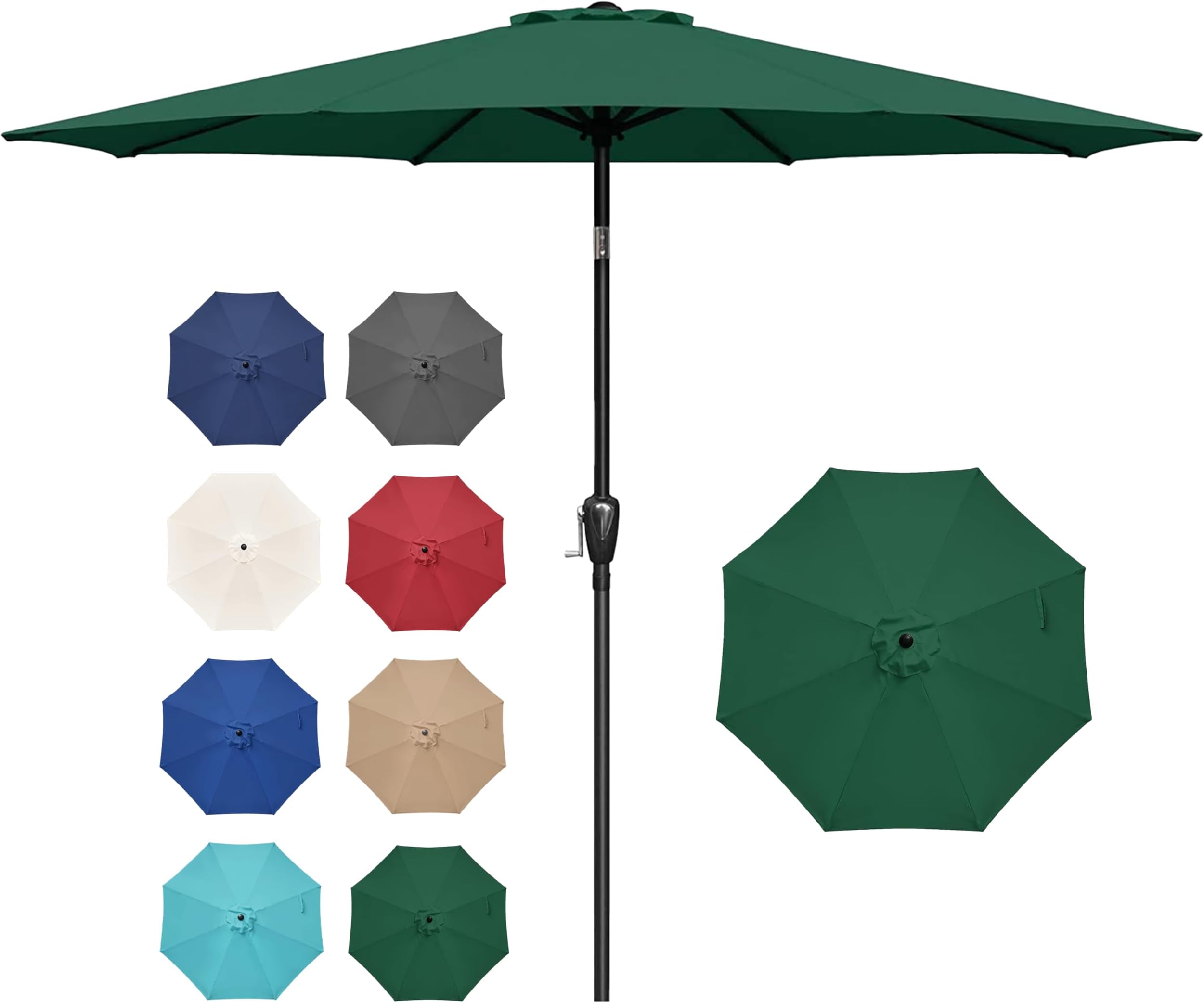 9FT Outdoor Patio Umbrella Table Market Umbrella with Push Button Tilt and Crank, 8 Sturdy Ribs, UV Protection Waterproof for Garden, Lawn, Deck, Backyard, Pool, Green