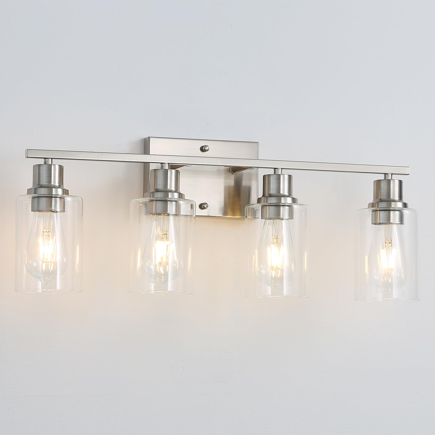 Jodauirt 4-Lights Brushed Nickel Bathroom Vanity Light Fixtures,Brushed Nickel Wall Sconces with Clear Glass Shades, Farmhouse Modern Wall Lighting ?for Mirror,Bedroom,Living Room