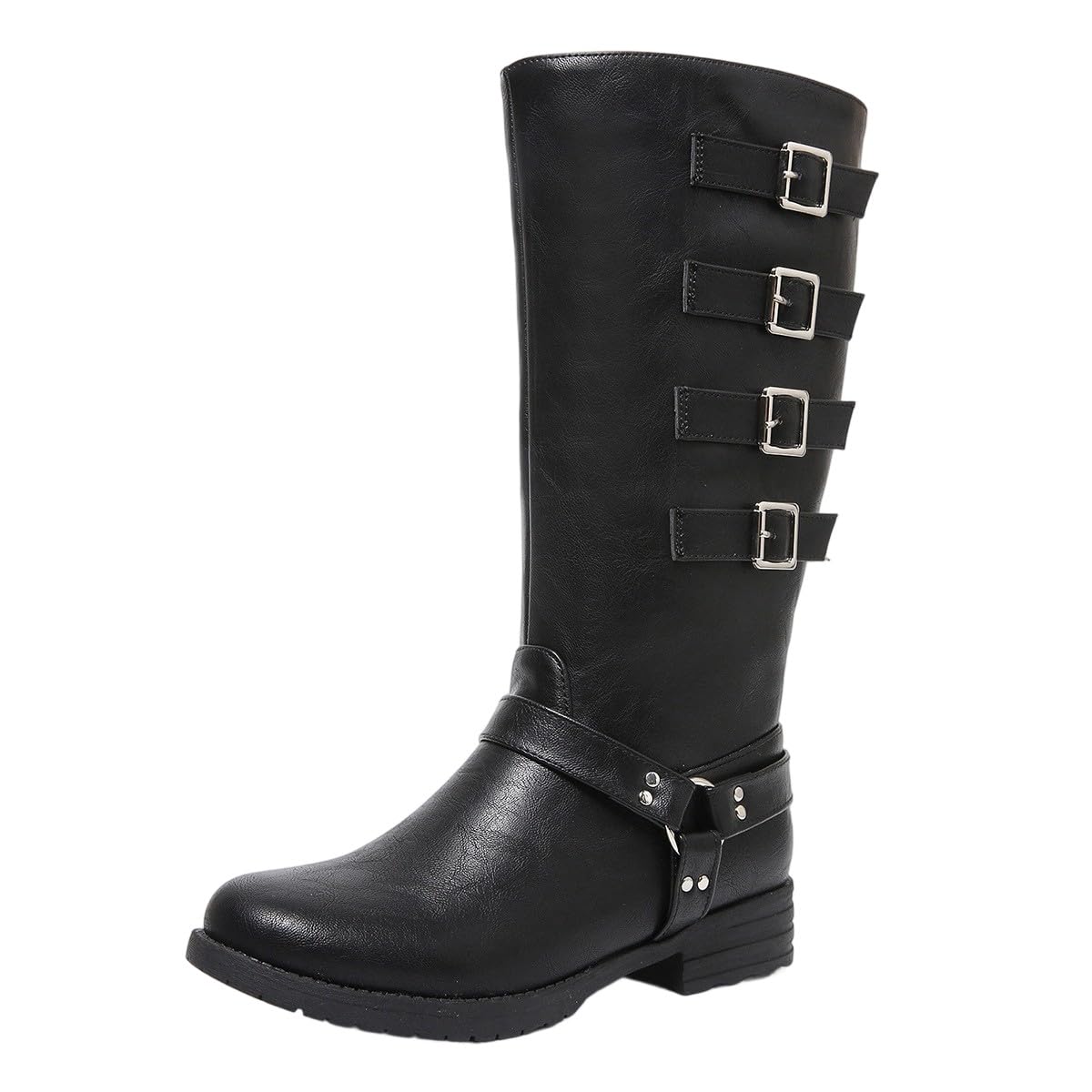 Womens Knee High Boots Fashion Extra Wide Calf Riding Booties Flat Low Heel Buckle Strap Winter Motorcycle Shoes