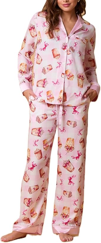 Women Christmas Pajamas 2 Piece Lounge Set Button Down Shirts Pants Y2k Pajama Sets Sleepwear Matching Sets