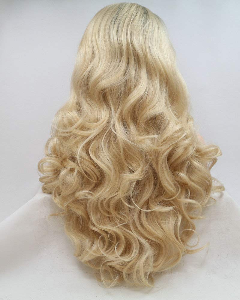 Drag Queen parrucca bionda ombre radici scure sintetiche parrucche anteriori del merletto per le donne ragazze vacanze Festival Cosplay parrucche da sposa capelli lunghi dell'onda