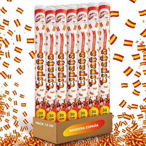 Cañón Confeti Boda, Cañón para fiestas y eventos, Fáciles y Seguros de Usar, Apto para bodas, eventos, celebraciones, Uso interior y Exterior, Diseño Bandera de España, 60 cm, Pack de 12 unidades