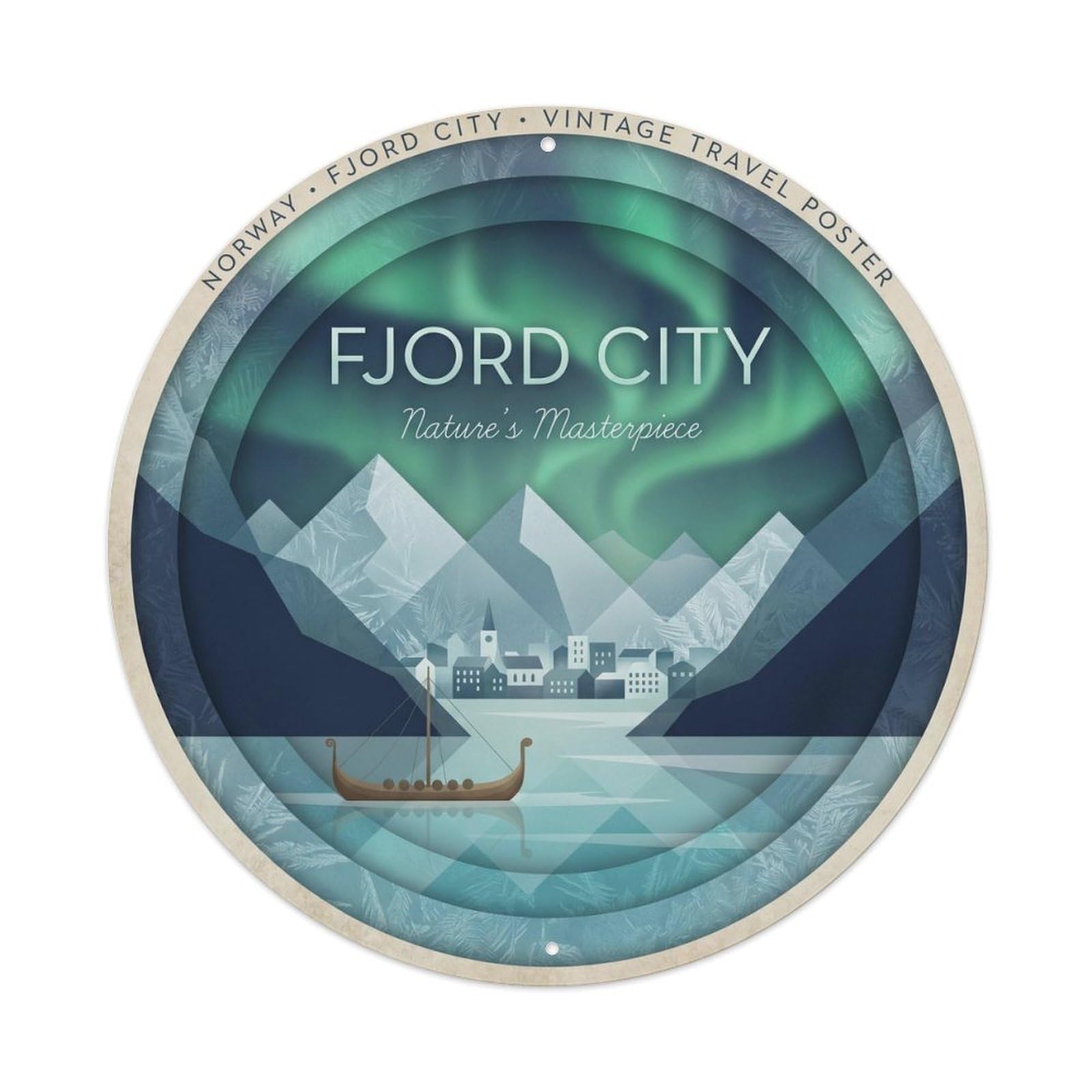 Yrnq Vintage Style Vintage Travel Fjord Norway Vintage Metal Tin Sign Plaque Wall Decor For Cafe, Club, Garden Round Metal Poster 8X8inch