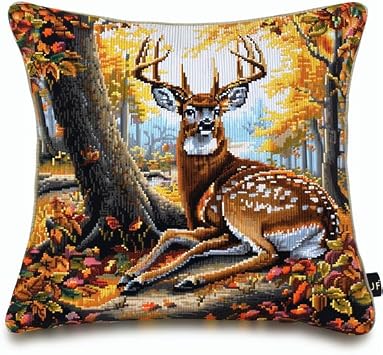 Kitquiver Latch Hook Kits for Adults Cushion Deer Latch Hook Craft Kit 17X17Inch Handmade Crochet Craft Kits Cushion Cover Needlework for Home Decoration Patterns Printed DIY Making Kit