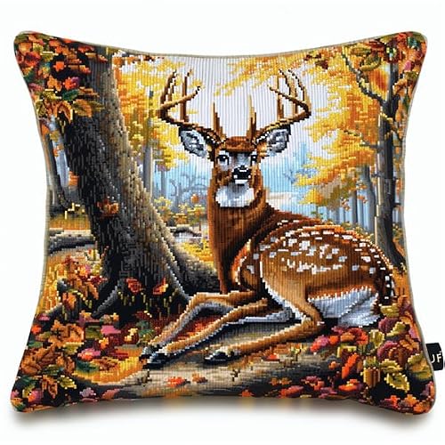 Kitquiver Latch Hook Kits for Adults Cushion Deer Latch Hook Craft Kit 17X17Inch Handmade Crochet Craft Kits Cushion Cover Needlework for Home Decoration Patterns Printed DIY Making Kit