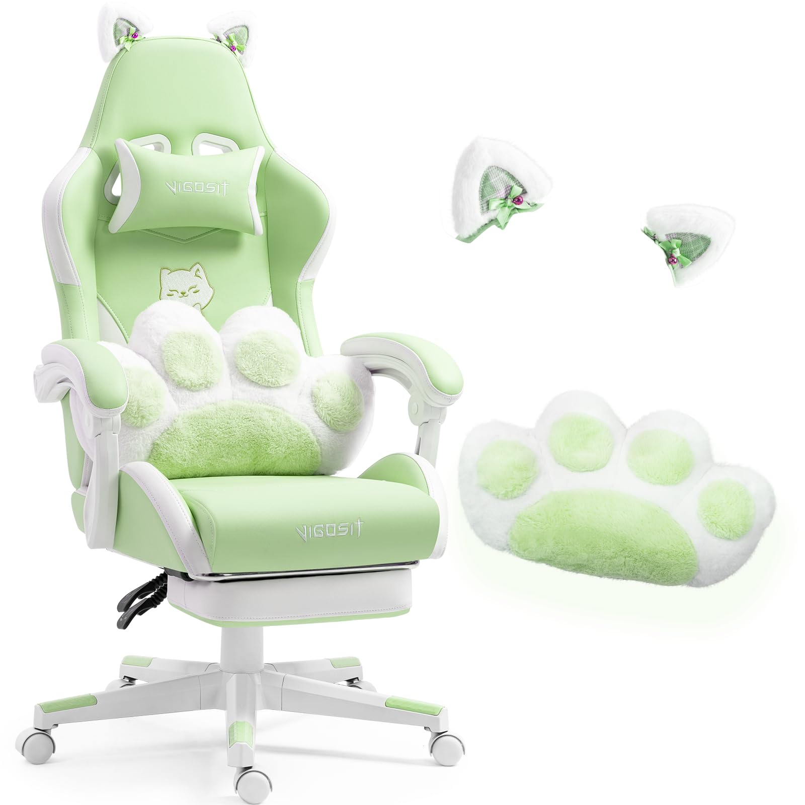 Vigosit Silla de juegos linda con cojín lumbar de pata de gato y orejas de gato, silla de juegos ergonómica con reposapiés, sillón de PC ajustable para niñas, adolescentes, niños, verde