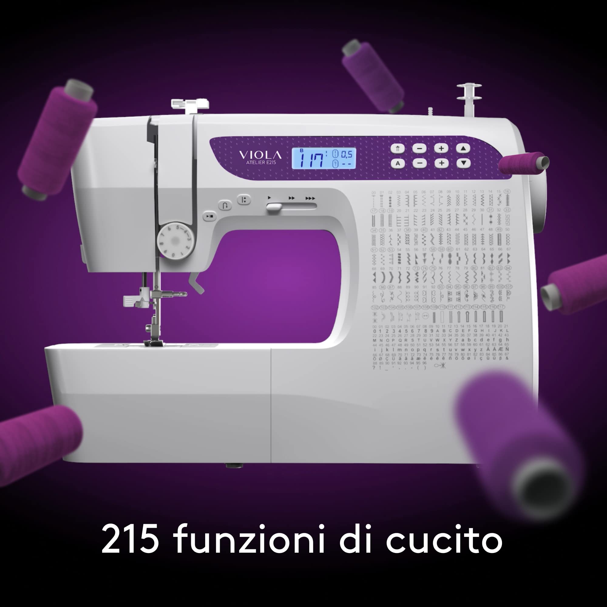 VIOLA Atelier E215 Macchina da cucire Elettronica, 215 Funzioni Cucito, Alfabeto, Infilatura Automatica, Facile da Usare