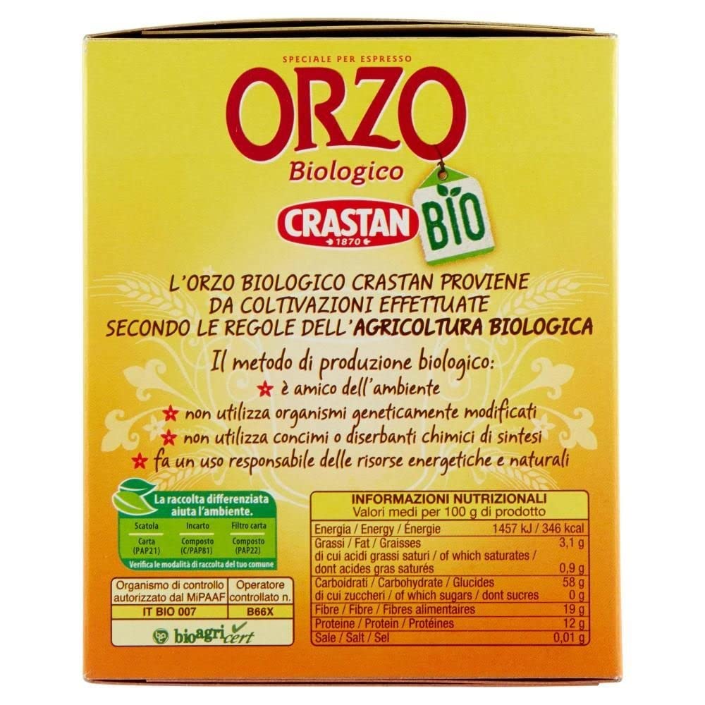 6 x Crastan Orzo Biologico en Cialde Cebada Bio-Cebada en Almohadillas de cebada tostada y molida, ideal para moca, infusión y espresso 96 g. Cada paquete contiene 16 almohadillas