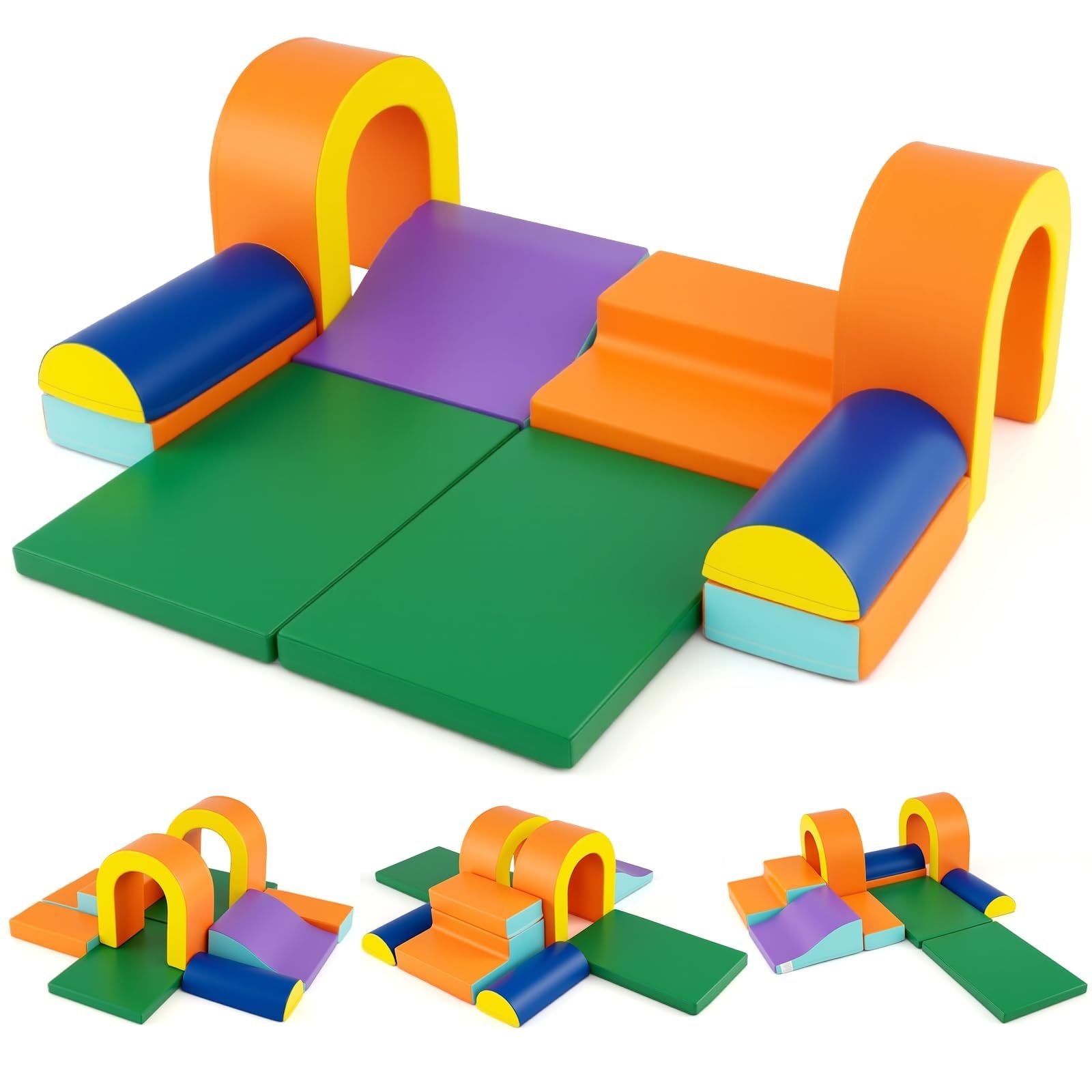 Kids Soft Play Set, 10 Pieces Baby Foam Climbing Blocks with PU Leather, Indoor Climb and Crawl Toddlers Activity Toys for Gym Playground (Orange)
