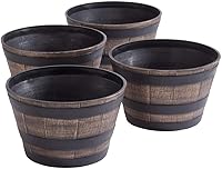 Fox Valley Traders Rustic Wood-Look Barrel Planters Set of 4 - Durable Lightweight Plastic, 13" Dia x 8" H Outdoor Garden Décor