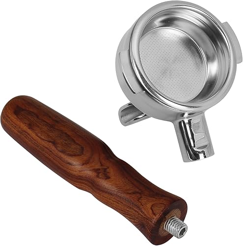 Miniatura 8 de Portafiltro espresso de 2.283 in compatible con La Marzocco, doble boquilla 2 orejas, cabeza de acero inoxidable y cesta de filtro y mango de madera
