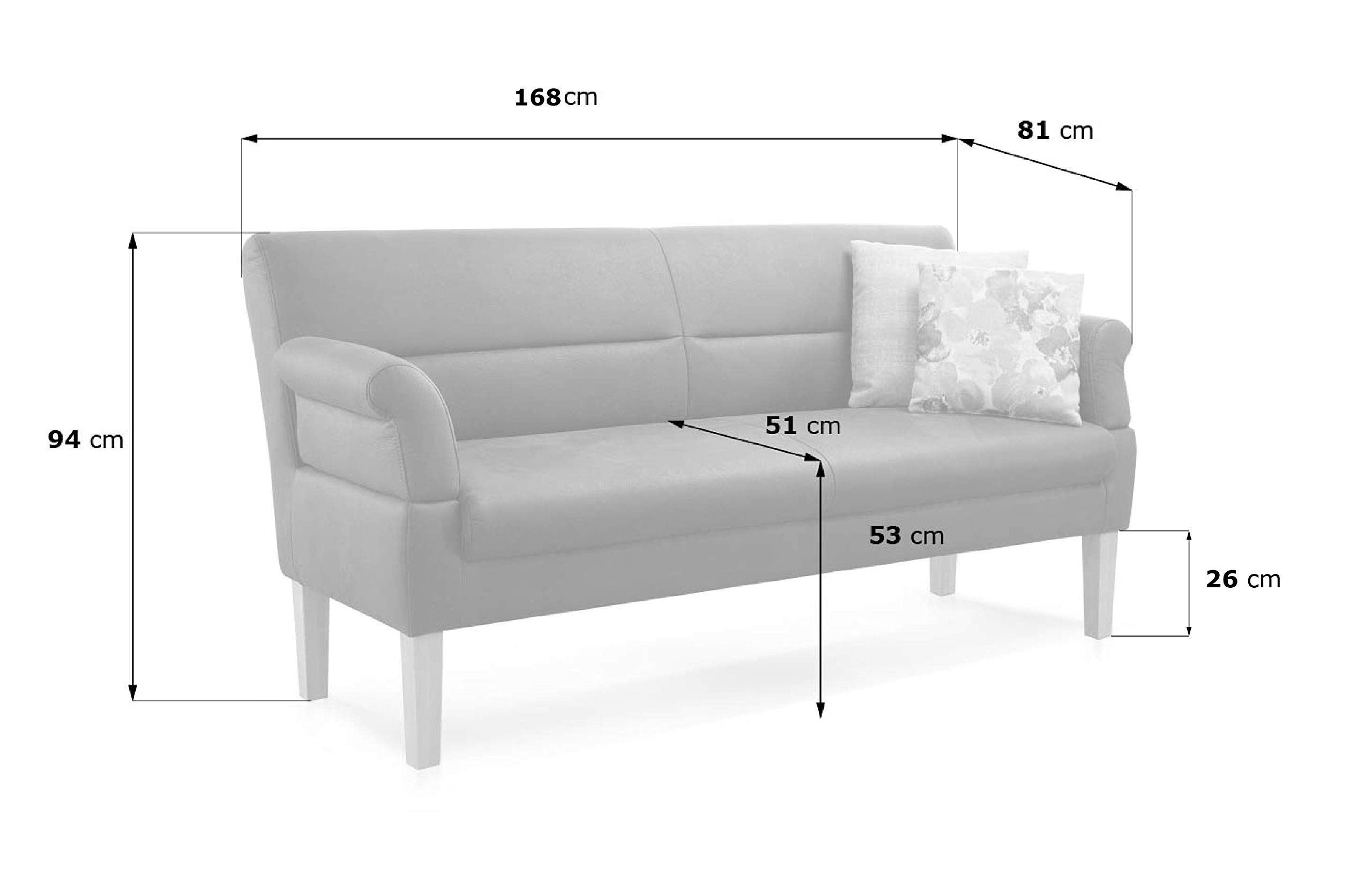 CAVADORE 2,5-Sitzer Küchensofa Kira / Sitzbank für Küche, Esszimmer oder Wohnküche inkl. Armteilverstellung / Leichte Fleckenentfernung dank Soft Clean / 168 x 94 x 81 / Flachgewebe: Hellgrau