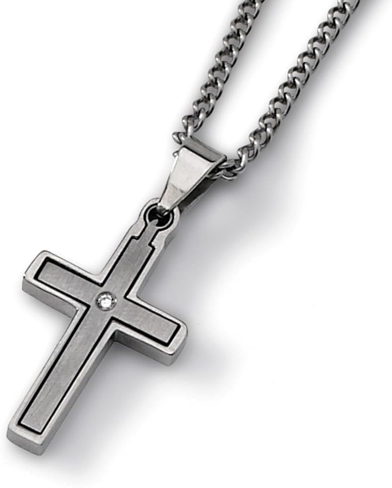 Titanium Brushed Polished Moveable Fancy Lobster Closure Diamond Accent Cross Necklace - 22 Inch