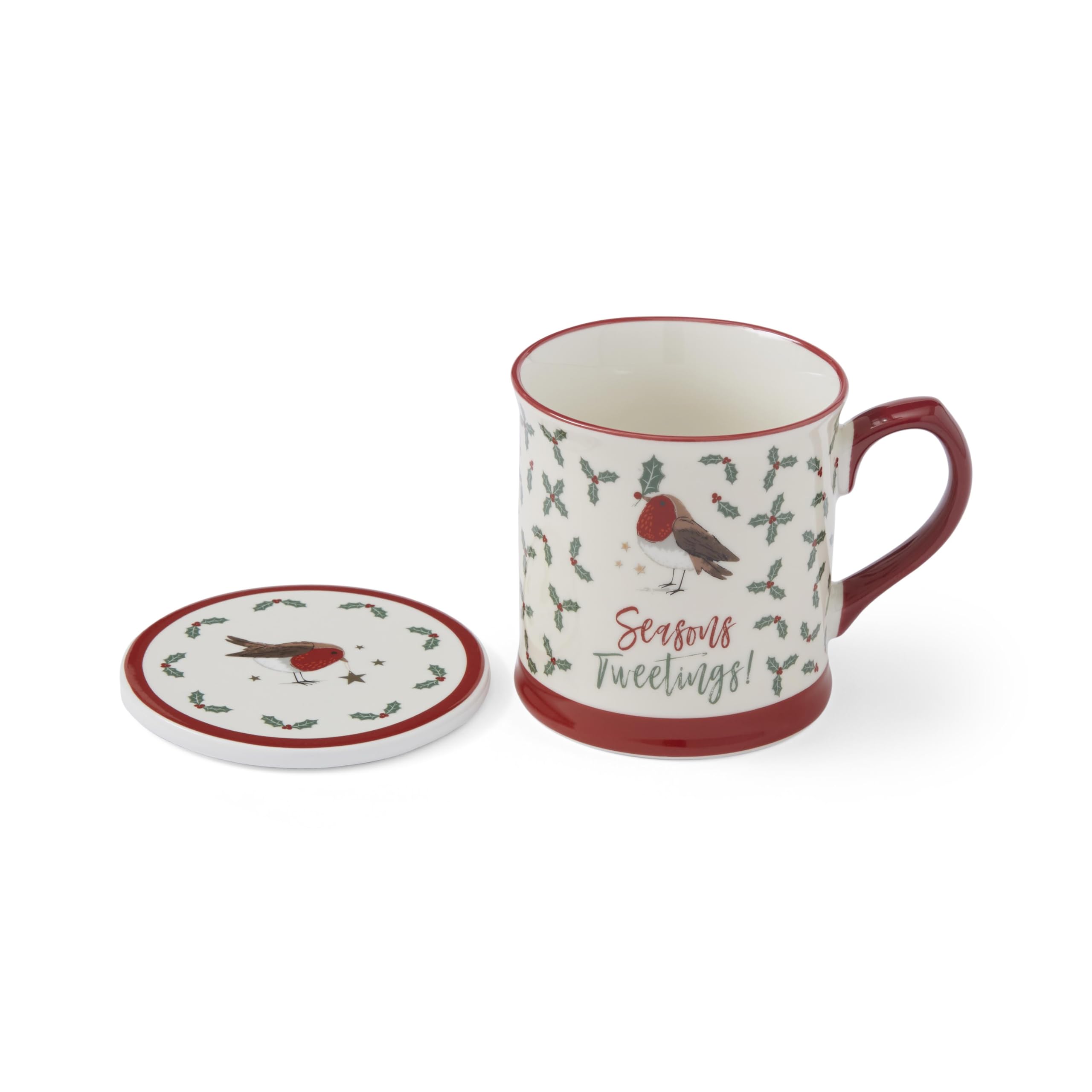 Cooksmart Christmas Robins Retreat Tankard Mug & Coaster Set | Large Ceramic Coffee Mug with Festive Robin Design & Matching Coaster |Gift Set for Home, Office & Special Occasions