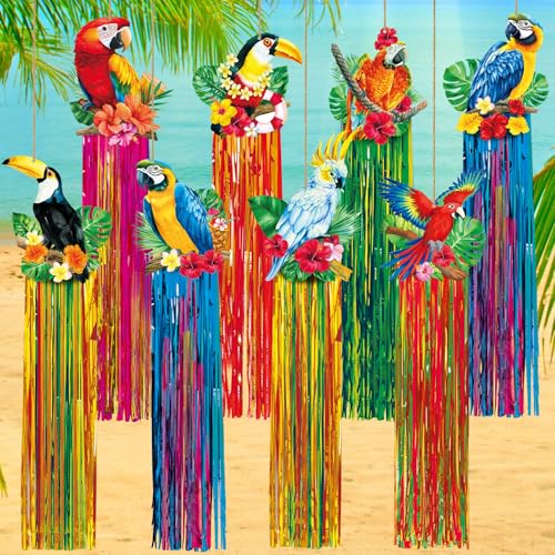 Image of Affrolling 8 Pcs Tropical Birds Party Decoration Hawaiian Luau Tiki Jungle Theme Hanging Outdoor Decor with Tassels for Birthday Party Supplies 3.3 ft Summer Bird Toucan Leaf Garland Door Banner Sign