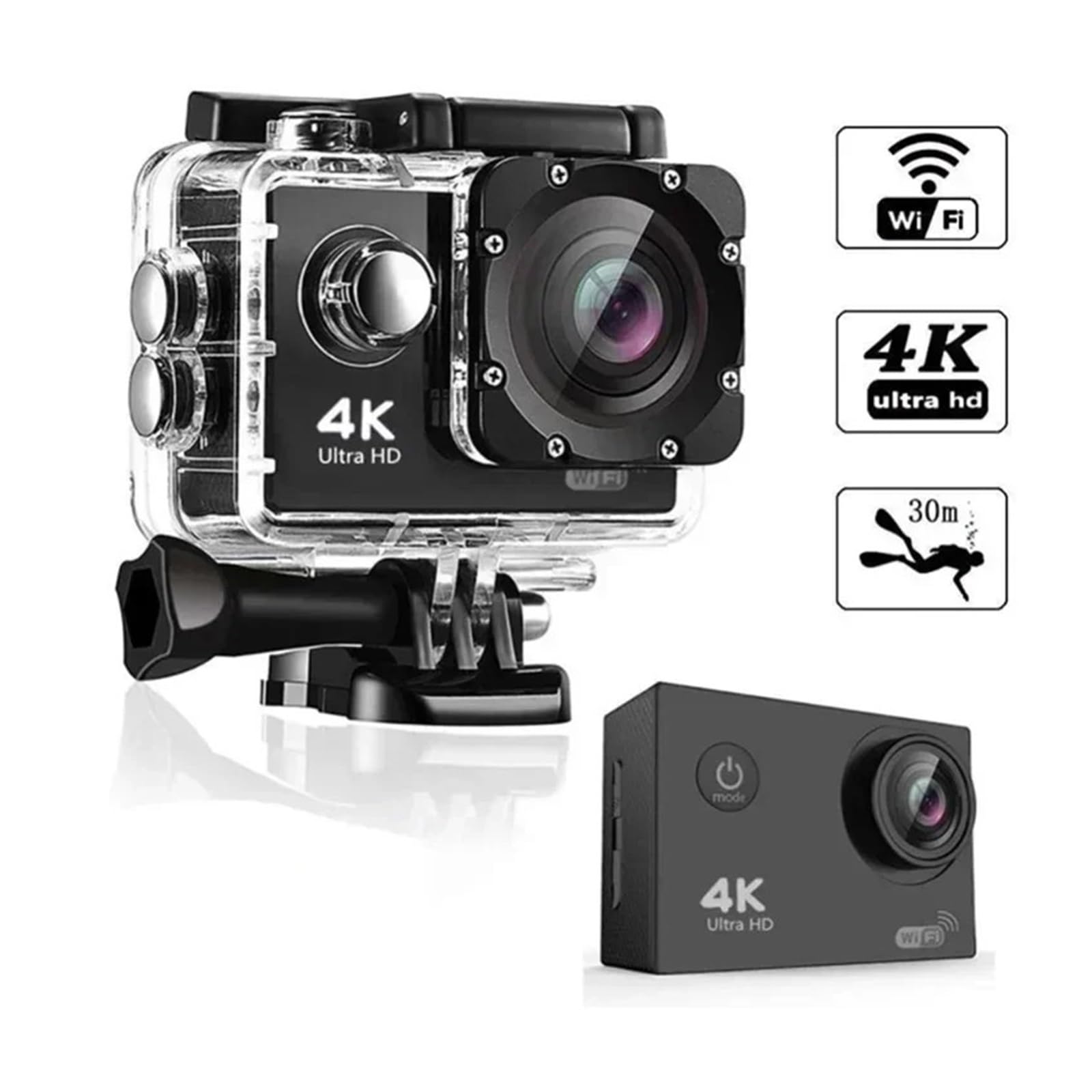 Action Camera Ultra HD 4K/30fps WiFi 2.0 pollici 170D Casco impermeabile subacqueo Registrazione video Ciclismo Sci Telecamere Sport Cam(Yellow)