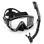 Snorkel Set Pano 3 Adult Snorkeling Gear, Professional Anti-Fog Snorkel Mask Dry Top Snorkel, Tempered Glass Scuba Diving Mask for Freediving, Snorkeling and Swimming (Mystic Black Set)