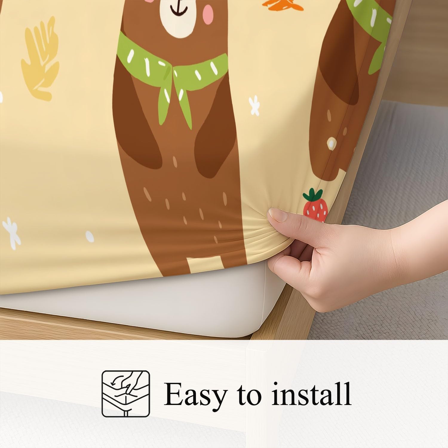 Süßer Teddybär mit Beeren Spannbettlaken 200 x 200 cm - Bettlaken Pflegeleicht, Gemütliche Cartoon-Illustration, Bettwäsche-Set, 3-teiliges Kinderzimmer & Babyzimmer