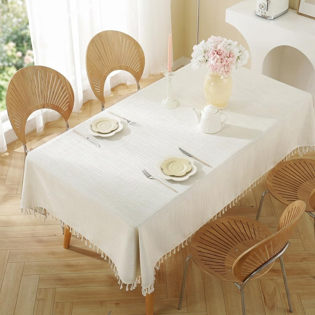 Tovaglia Rettangolare, Tovaglia Antimaca 140x180, Copritavolo Elegante con Nappe, Design Moderno, Bianco Riso, 100 * 160cm